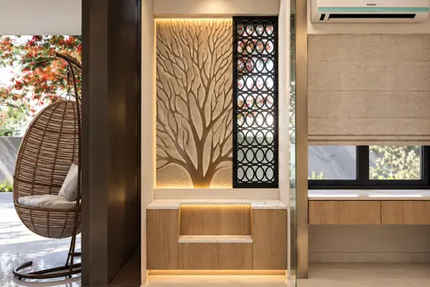 Tree niche, Gulmohar House. The tree relief seen from the patio side, over an oak plinth lit from beneath.