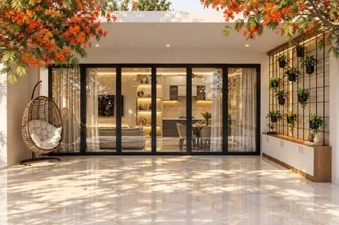 Patio, Gulmohar House. A rattan swing under the gulmohar, a planted steel grid, and black-framed sliding doors into the house.