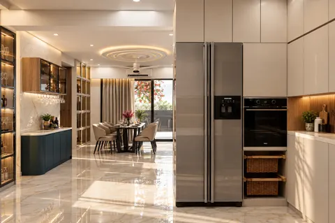 Kitchen to dining, Gulmohar House. Tall handle-less units, a cane-basket larder, and the dining room in the light beyond.