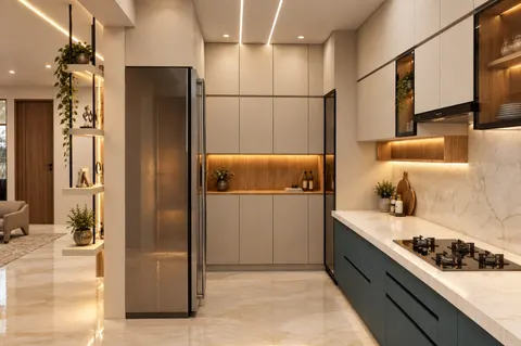 Galley, Gulmohar House. A hanging plant shelf, a lit oak niche between tall units, and blue drawers along the hob.