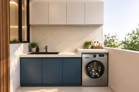 Utility, Gulmohar House. A balcony utility with a stone top, blue units, and the washer tucked to one side.
