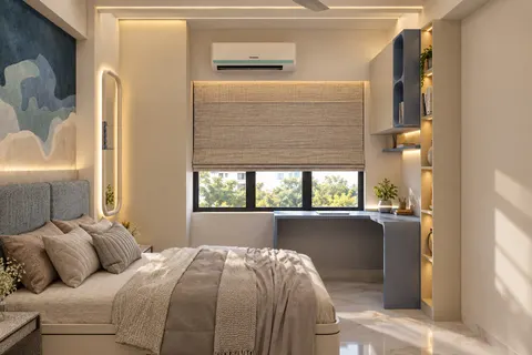 Bedroom, desk corner, Gulmohar House. A curved grey desk under the window, a capsule mirror, and the wave mural over the bed.