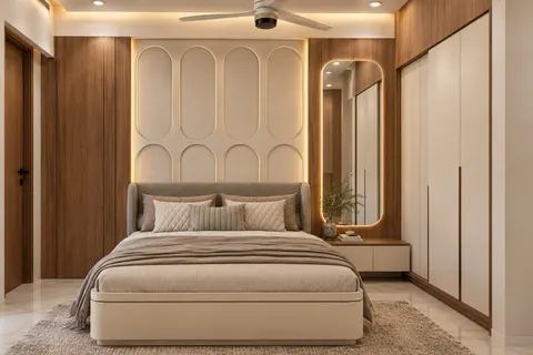 Bedroom, Gulmohar House. A headboard wall of padded arches lit from behind, framed in oak, beside a capsule mirror.