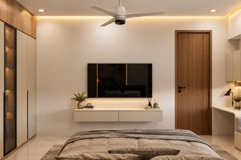 Bedroom, media wall, Gulmohar House. A floating console under the screen, a full-height oak door, and a wardrobe with a lit glass bay.