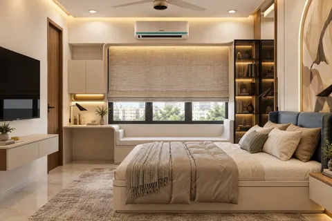 Bedroom, Gulmohar House. A window seat under a roman blind, a study desk, and a bookcase lit behind smoked glass.