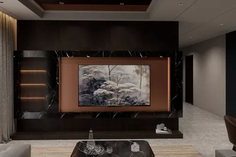 Media wall, Smoke & Copper. A copper-lined frame set into black marble, with smoked oak above and lit shelves to one side.