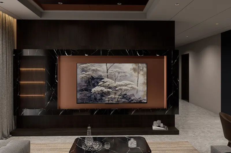 Media wall, Smoke & Copper. A copper-lined frame set into black marble, with smoked oak above and lit shelves to one side.
