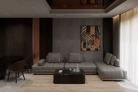Living room, Smoke & Copper. A low grey sectional on a striped jute rug, a marble-topped table, and copper fins at the panel joints.