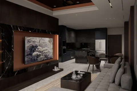 Living to kitchen, Smoke & Copper. The media wall, the island and the tall kitchen run in one long view.