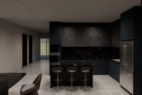 Kitchen, Smoke & Copper. Navy units, a black marble island with three stools, and a wall of large stone tiles.