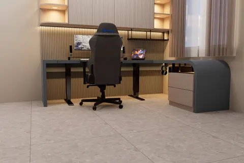 Study, low view, The Waterfall Desk. The drawer pedestal tucked under the curve, on terrazzo tiles.