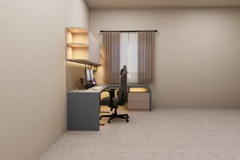 The room, The Waterfall Desk. The desk held in one corner, leaving the rest of the floor open.